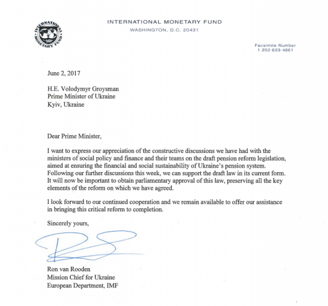 Письмо главы миссии МВФ Рона ван Родена