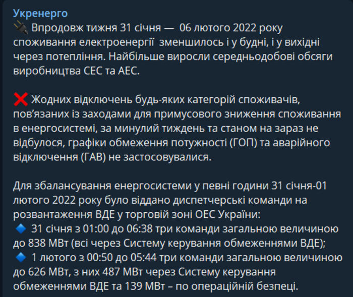 Публикация в Telegram-канале Укрэнерго