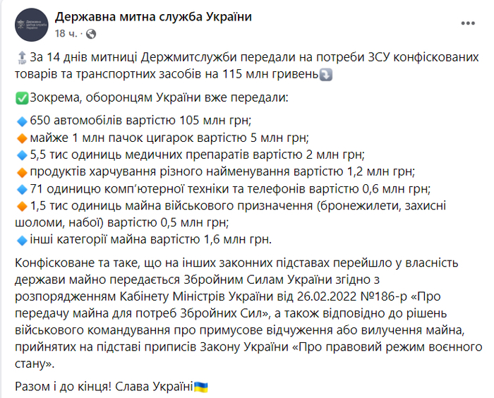 Публикация Государственной таможенной службы Украины в Facebook