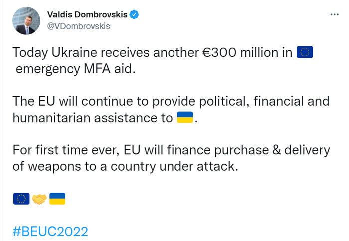 Публикация Валдиса Домбровскиса в Twitter