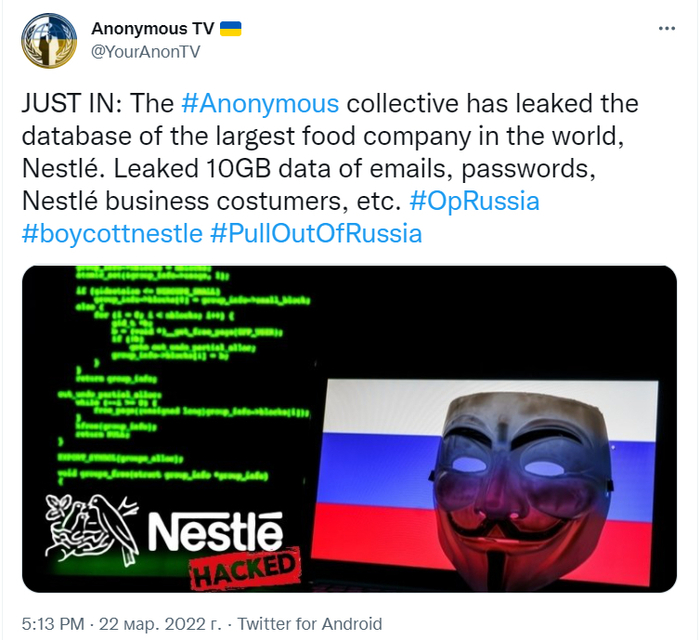 Публикация Anonymous в Twitter