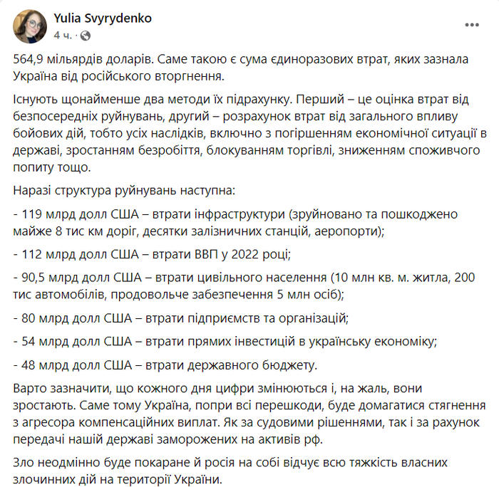Публикация Юлии Свириденко в Facebook