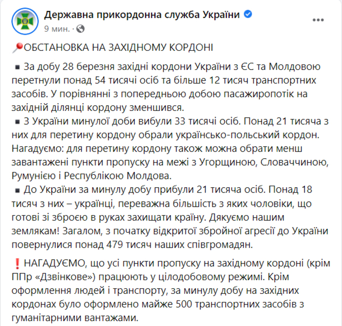 Публикация Государственной пограничной службы Украины в Facebook