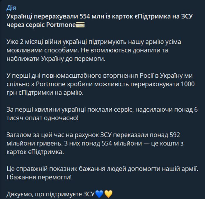 Публикация в Telegram-канале "Дії"