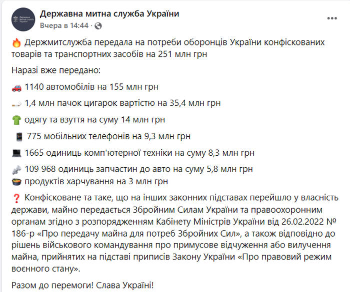 Публикация Государственной таможенной службы Украины в Facebook