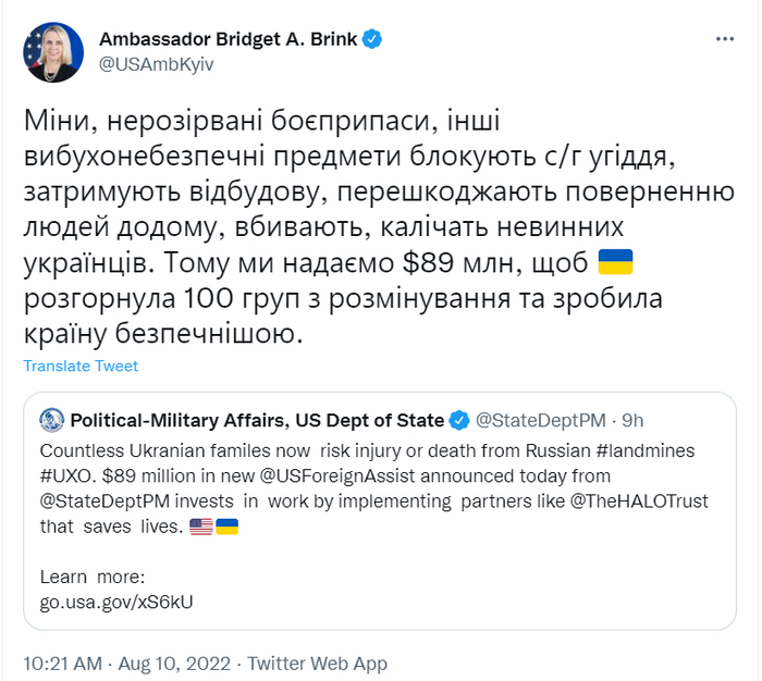 Публикация посла США в Украине Бриджит Бринк в Twitter