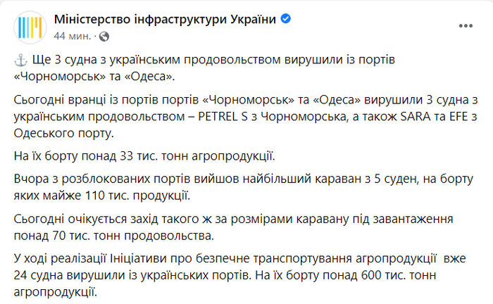 Публікація Міністерства інфраструктури України у Facebook