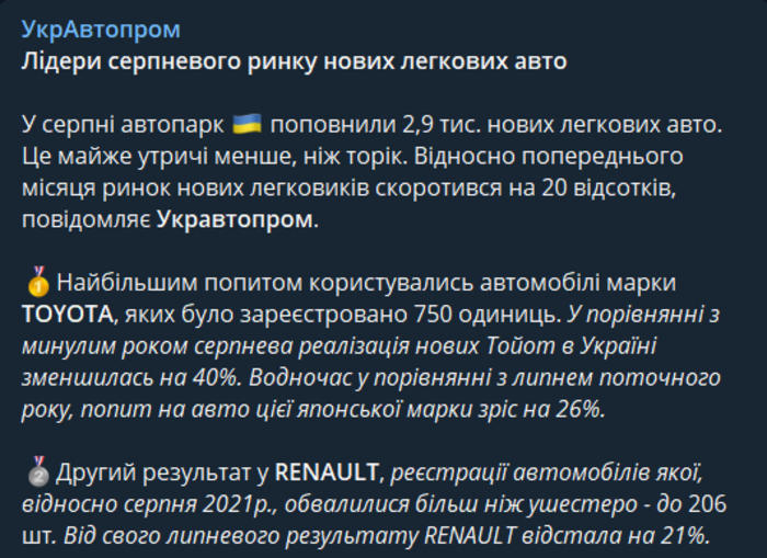 Публікація УкрАвтопрому в Telegram