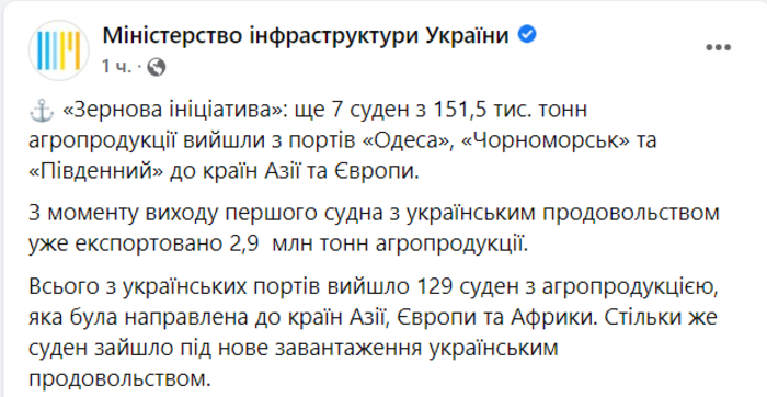 Публикация Министерства инфраструктуры Украины в Facebook
