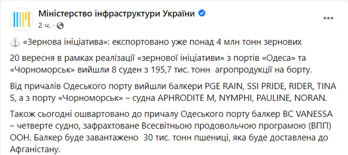 Публикация Министерства инфраструктуры Украины в Facebook