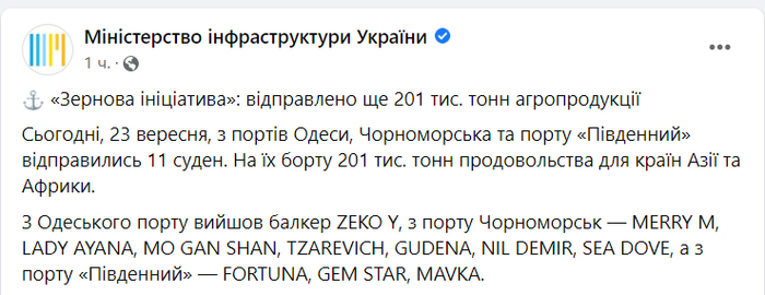 Публикация Министерства инфраструктуры Украины в Facebook