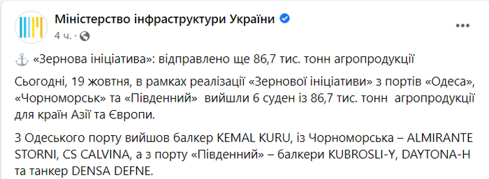 Публикация Министерства инфраструктуры Украины в Facebook