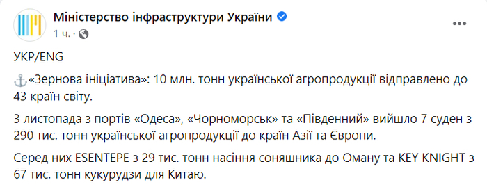 Публикация Министерства инфраструктуры Украины в Facebook