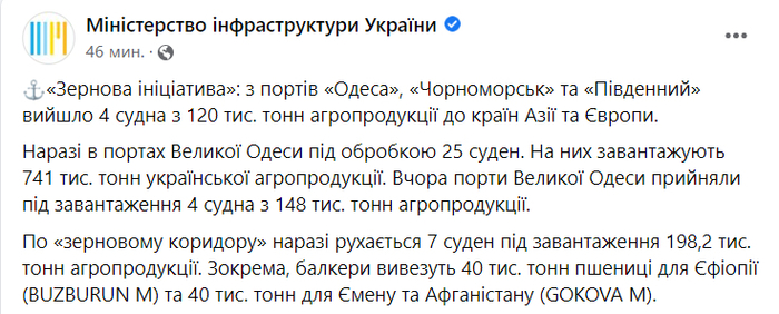 Публикация Министерства инфраструктуры Украины в Facebook