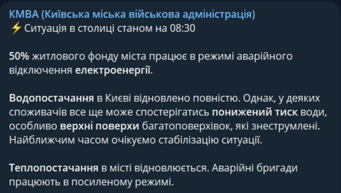 Публікація Київської міської військової адміністрації в Telegram