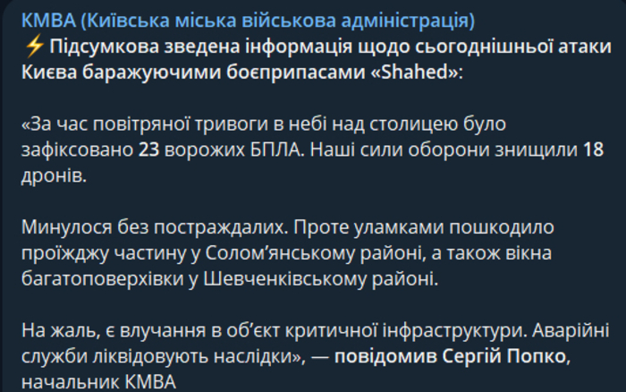 Публикация Киевской городской военной администрации в Telegram