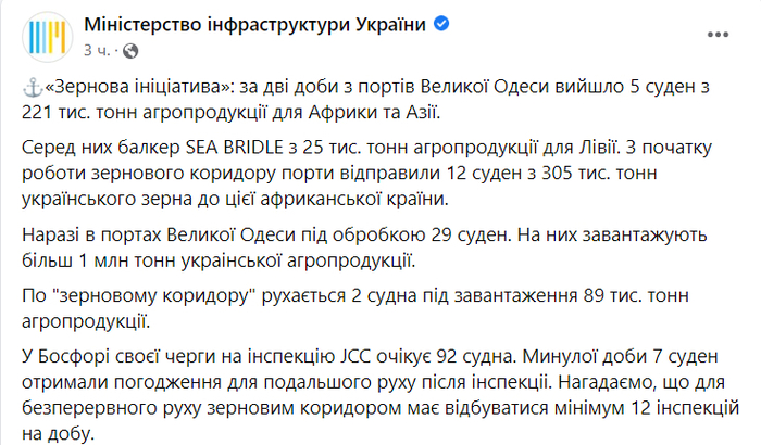 Публикация Министерства инфраструктуры Украины в Facebook