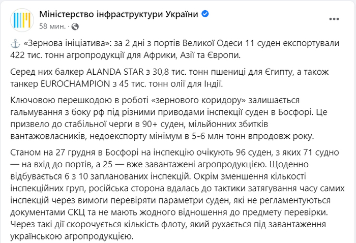 Публикация Министерства инфраструктуры Украины в Facebook