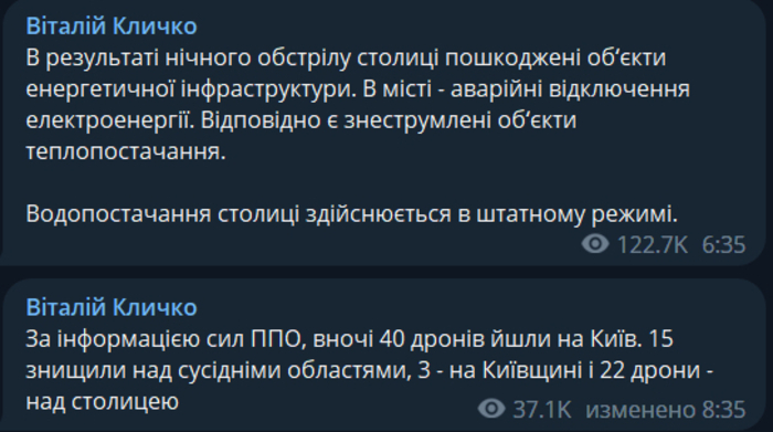 Публикация Виталия Кличко в Telegram