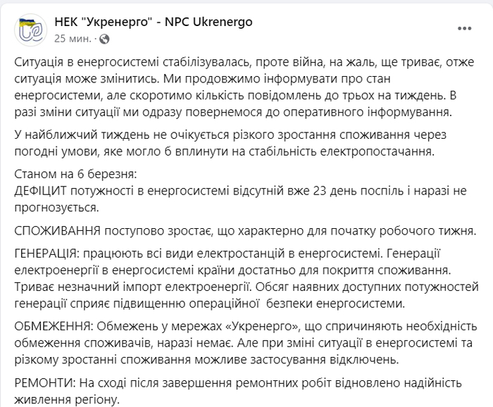 Публикация НЭК "Укрэнерго" в Facebook