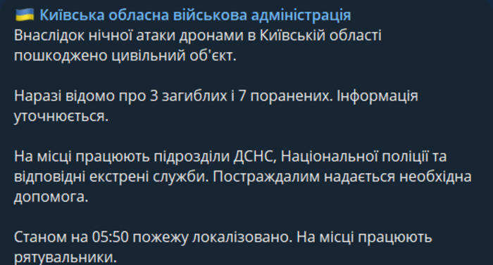 Публикация Киевской областной военной администрации в Telegram
